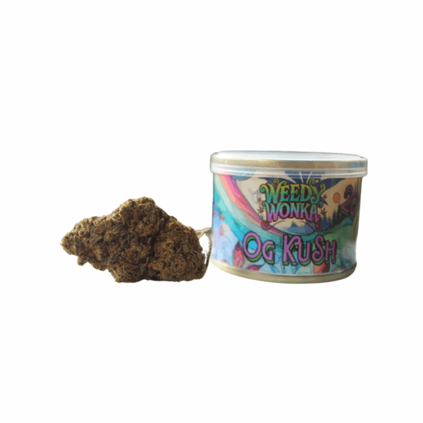 Boîte d'OG Kush et sa fleur de CBD à côté