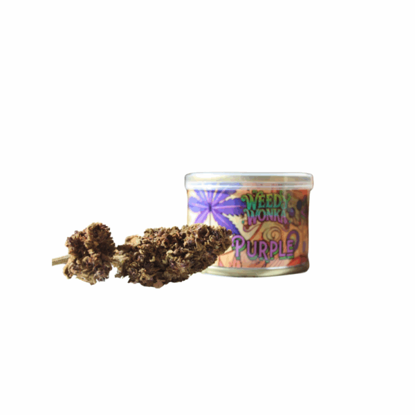 Fleur de CBD Purple Haze disposée à côté de sa boîte colorée